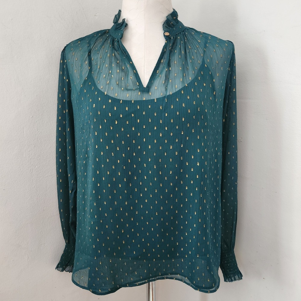 Ann Taylor Teal Green Gold Metallic Clip Dot Ruffle Neck Blouse XS Long Sleeve
